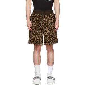 NEW AMIRI printed leopard fleece shorts in brown/tan